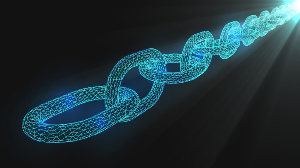 Image représentant une chaîne digitale sur fond bleu pour représenter la blockchain