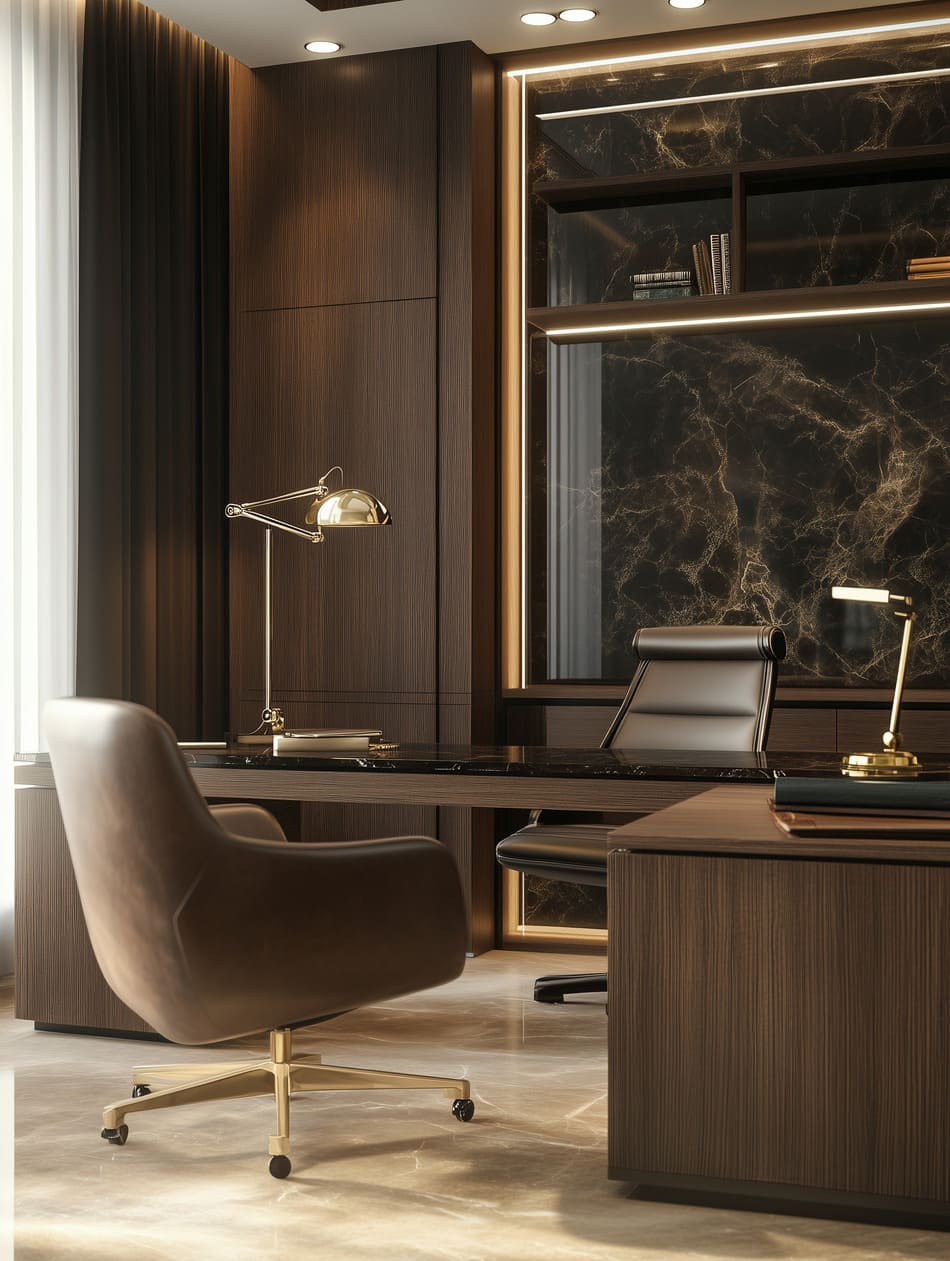 Un bureau d'avocat mêlant luxe et sobriété.